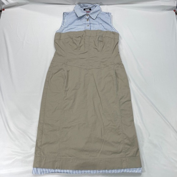 Dresses & Skirts - Jean Paul Berlin Sleeveless Khaki‎ Midi Dress Womens 10 Blue White Striped Top
